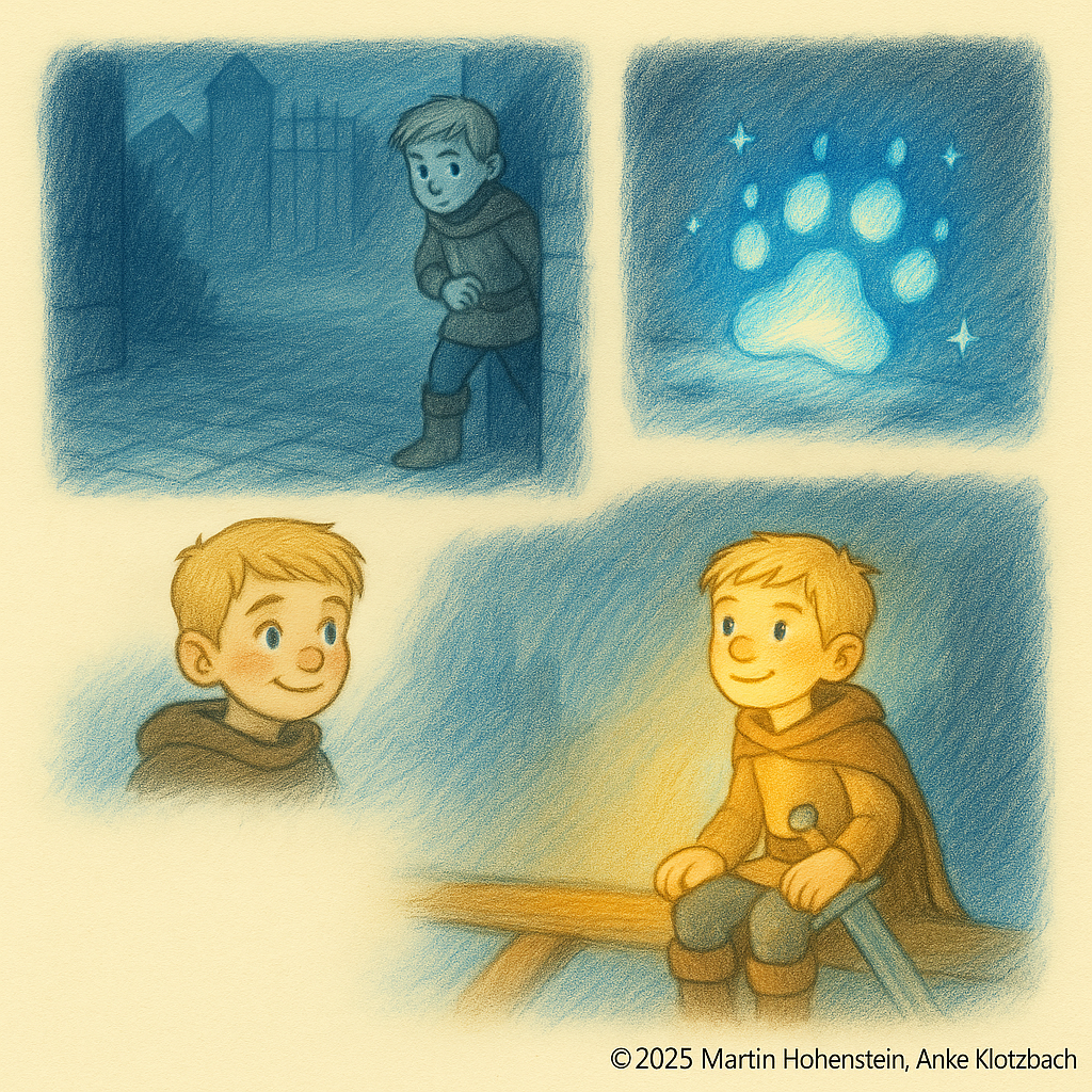 Ruben entdeckt eine leuchtende Fährte – Panel-Illustration im Kinderbuchstil.